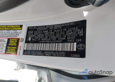2018 Toyota Camry Se from USA, damaged, VIN 4T1B11HK0JU154697